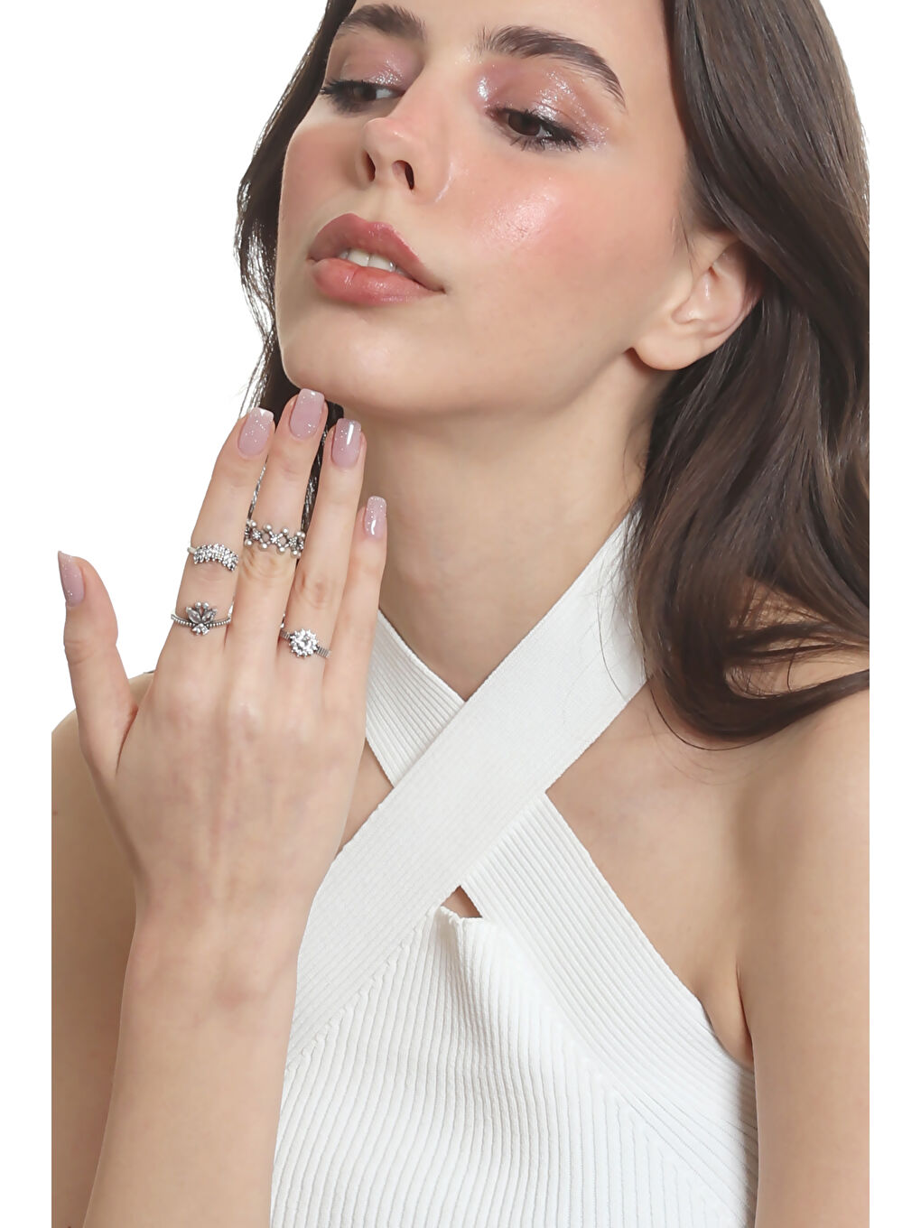 Gri Kadın Antik Gümüş Kaplama Ayarlanabilir 4'lü Zirkon Taşlı Eklem Yüzük Seti-6