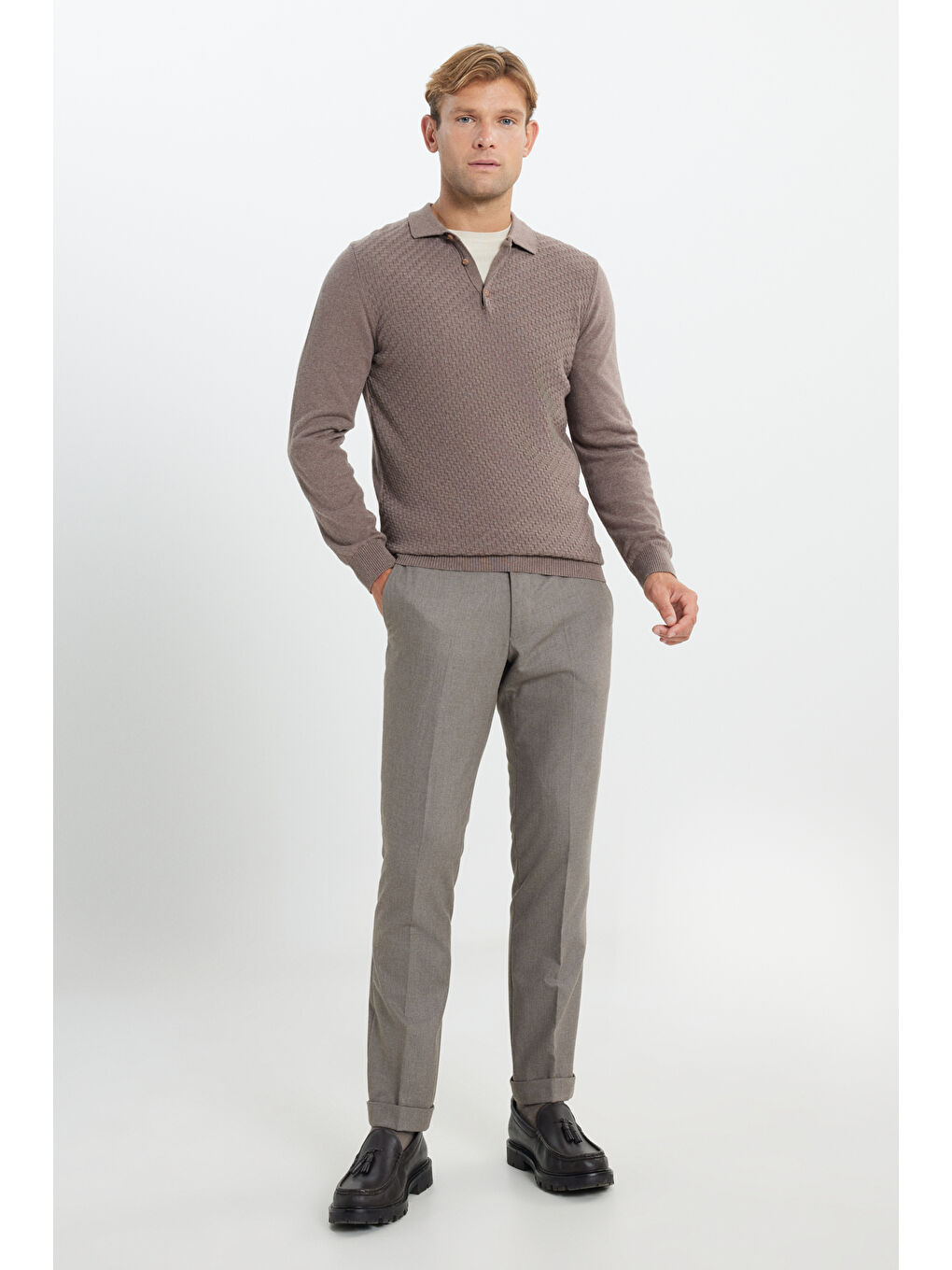 Bej Erkek Vizon Pamuklu Standart Fit Normal Kesim Polo Yaka Armürlü Triko Kazak-1