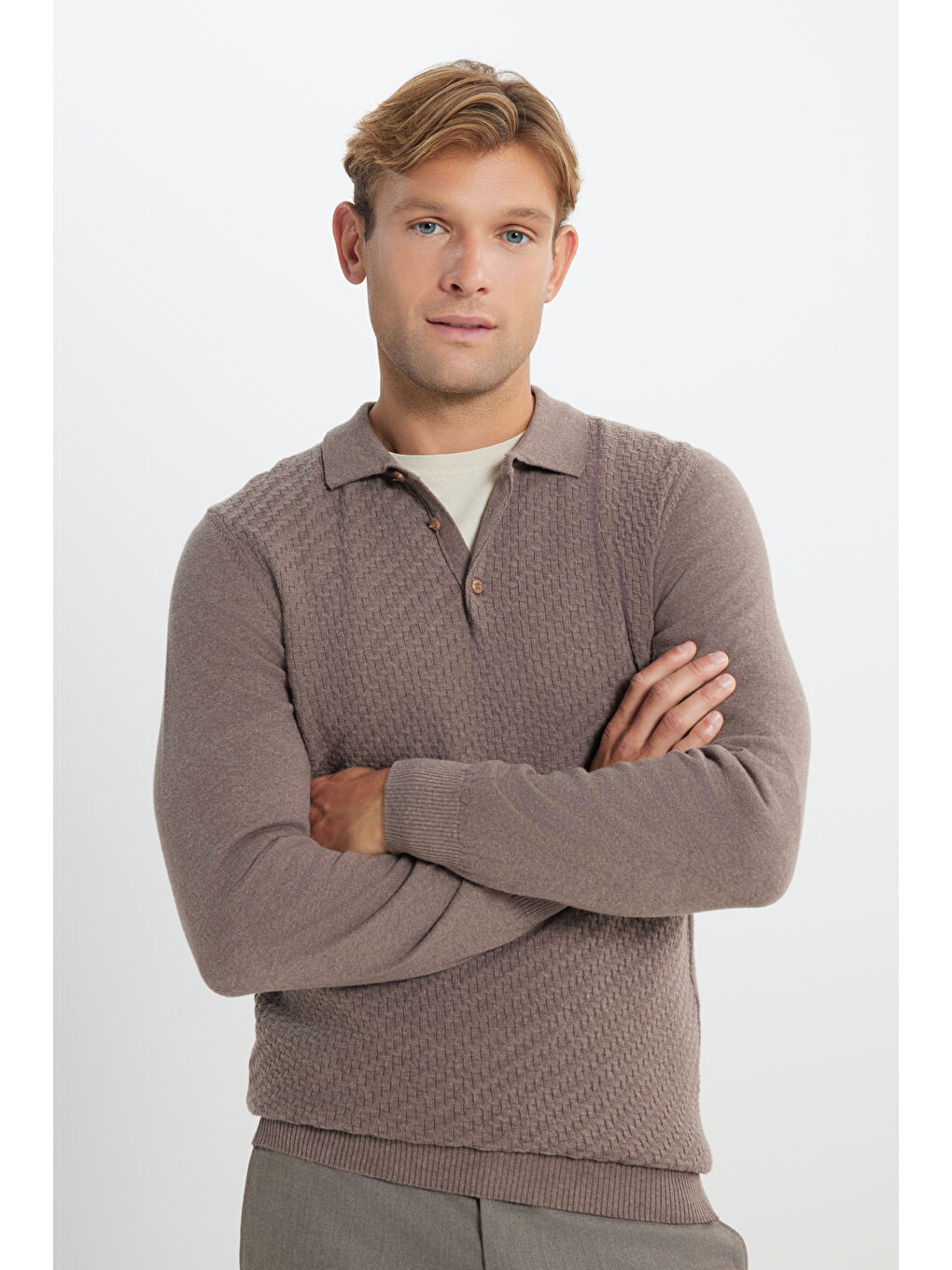 Bej Erkek Vizon Pamuklu Standart Fit Normal Kesim Polo Yaka Armürlü Triko Kazak-2