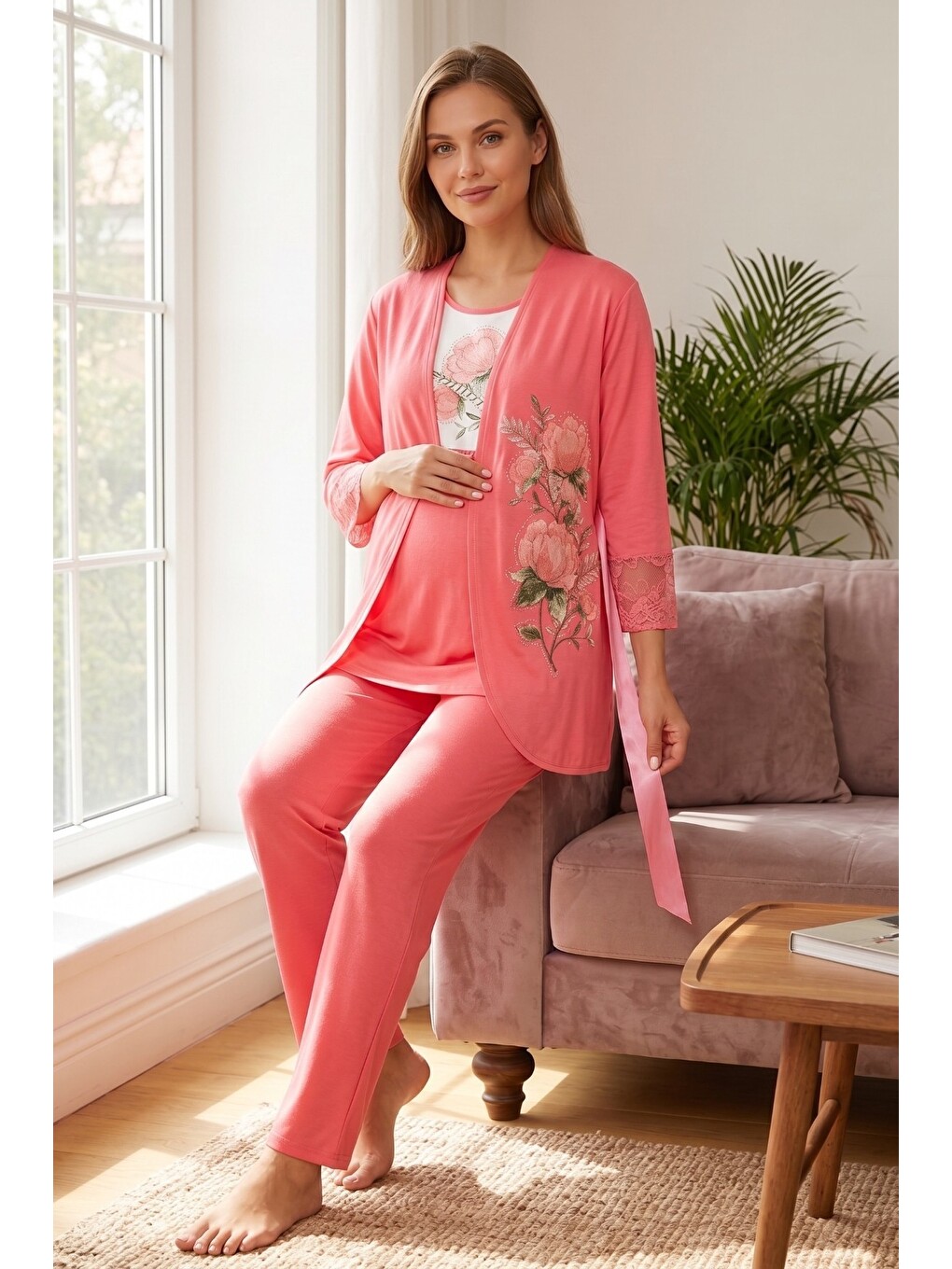 Pembe Rosette Çiçek Desenli Dantel Detaylı Sabahlıklı Hamile Ve Lohusa Pijama Takımı-2