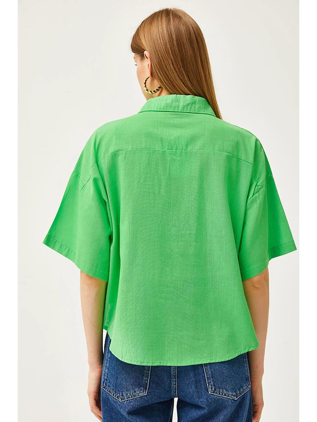 Yeşil Çift Cep Kısa Kol Keten Gömlek-3