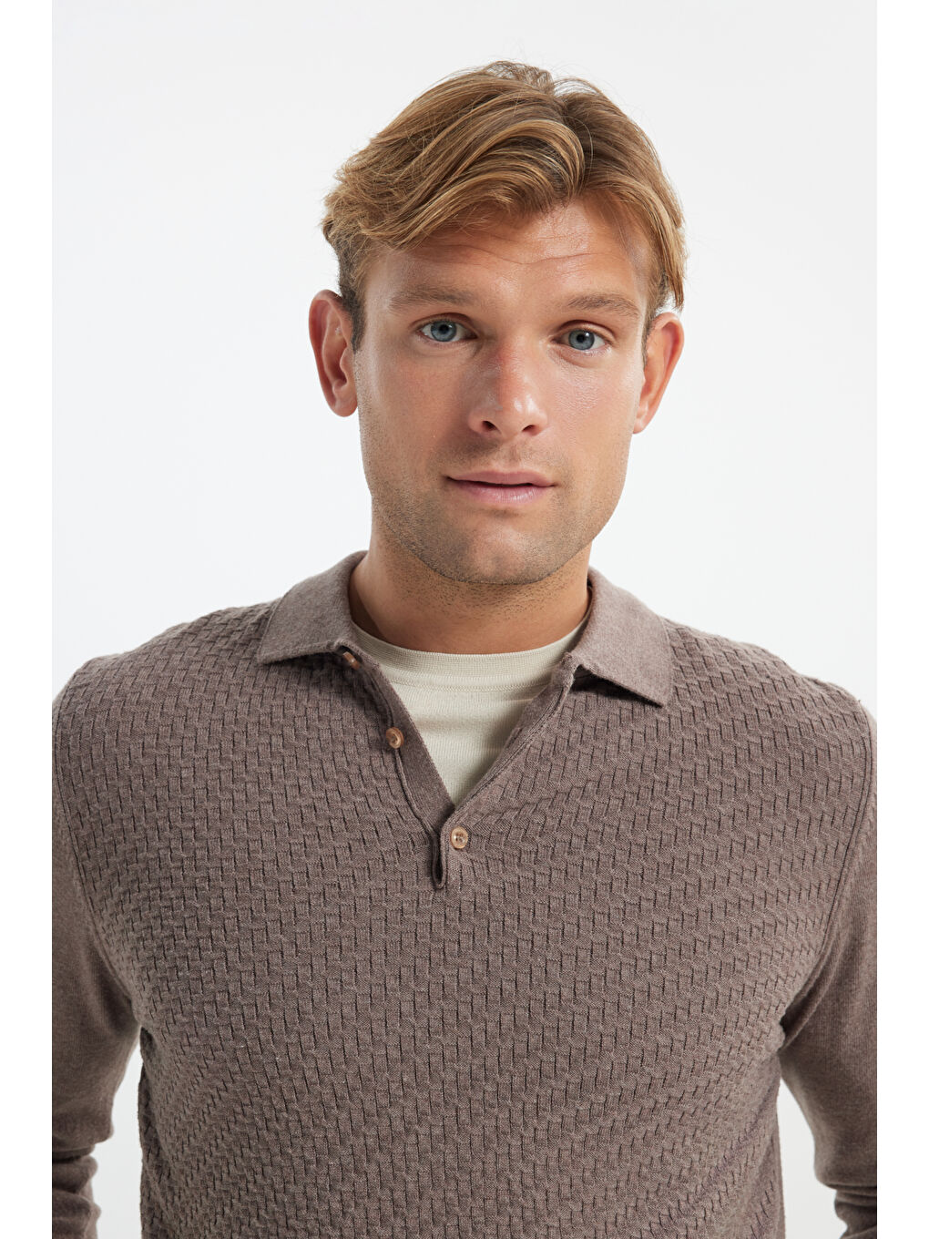 Bej Erkek Vizon Pamuklu Standart Fit Normal Kesim Polo Yaka Armürlü Triko Kazak-3