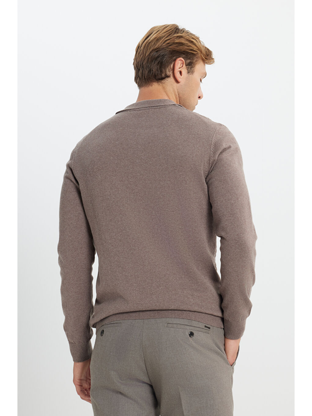Bej Erkek Vizon Pamuklu Standart Fit Normal Kesim Polo Yaka Armürlü Triko Kazak-4