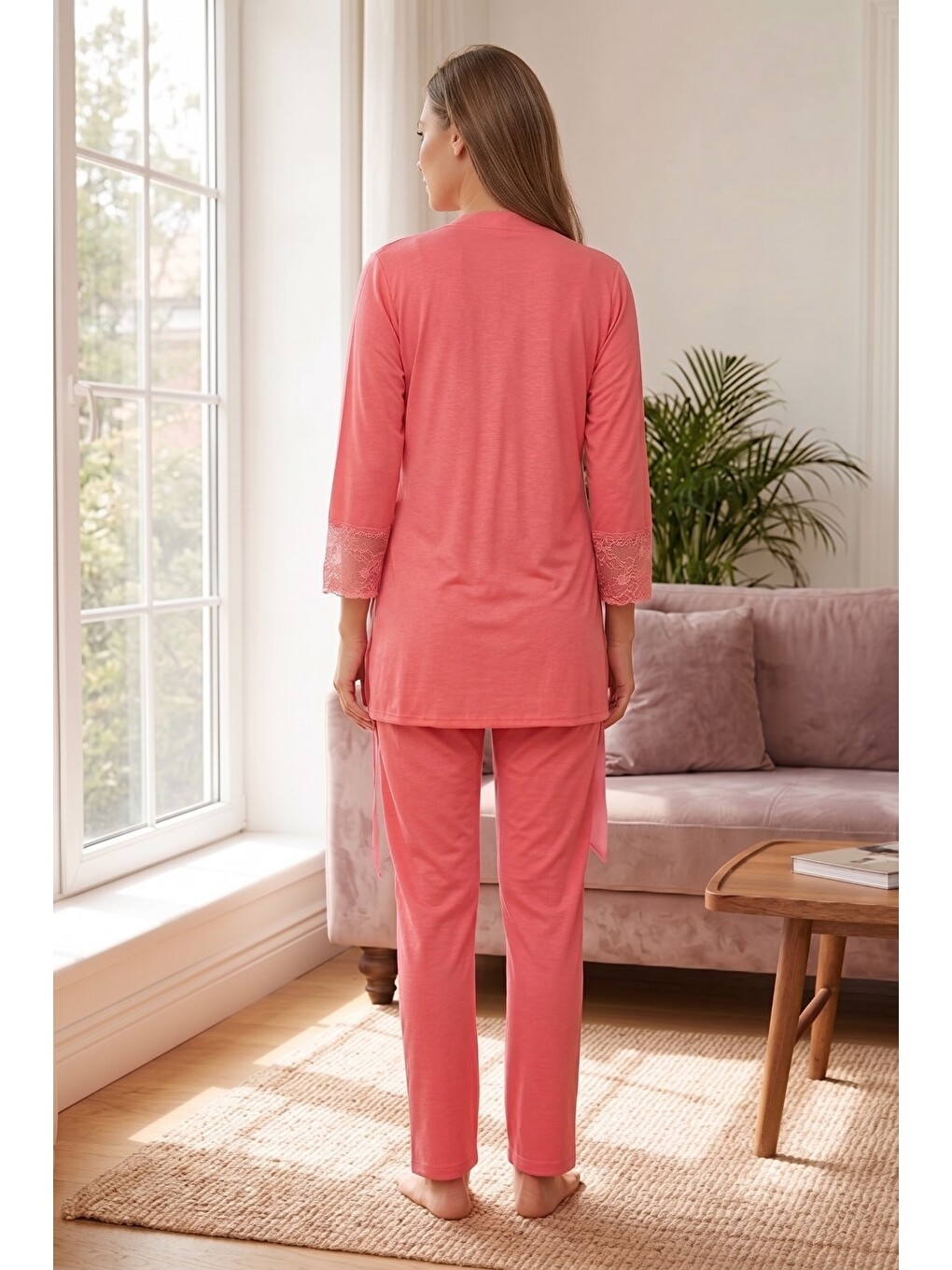 Pembe Rosette Çiçek Desenli Dantel Detaylı Sabahlıklı Hamile Ve Lohusa Pijama Takımı-3