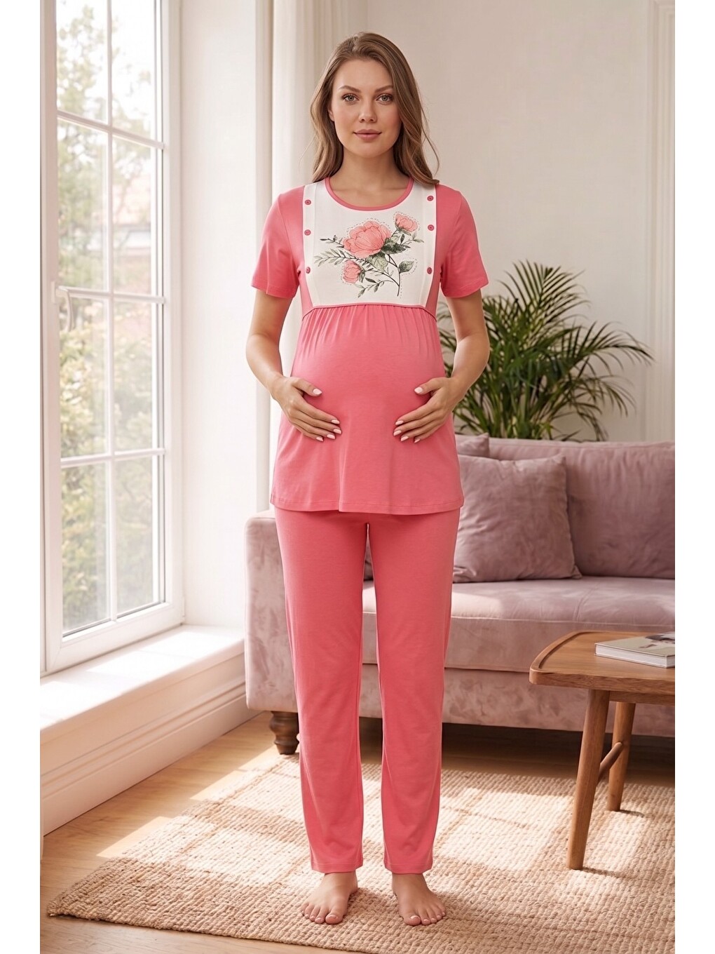 Pembe Rosette Çiçek Desenli Dantel Detaylı Sabahlıklı Hamile Ve Lohusa Pijama Takımı-4