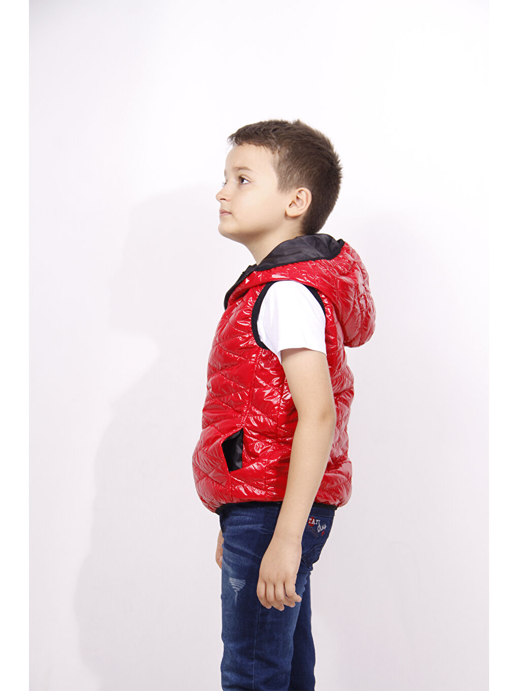 Kırmızı Erkek Çocuk Kapüşonlu Parlak Yelek-1