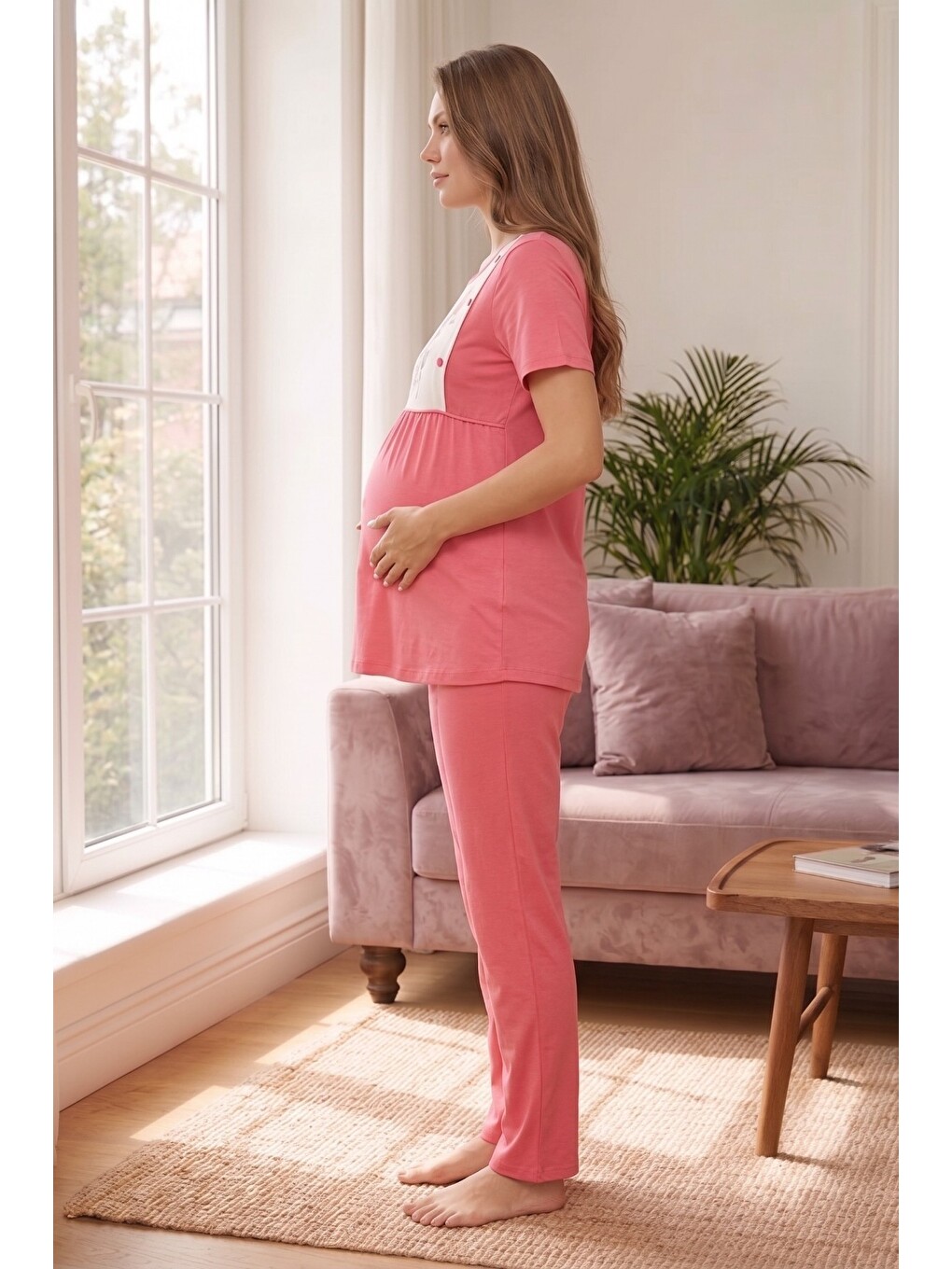 Pembe Rosette Çiçek Desenli Dantel Detaylı Sabahlıklı Hamile Ve Lohusa Pijama Takımı-5