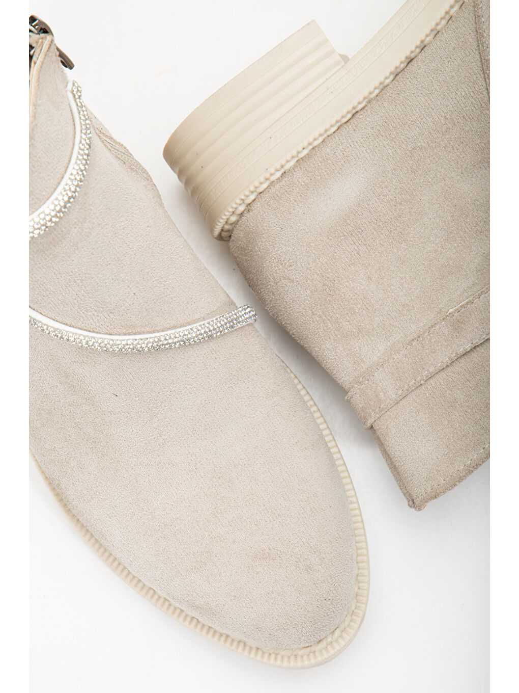 Bej Kadın Ten Süet Termo Taban Taş Halatlı Fermuarlı Kısa Topuklu Bot-3