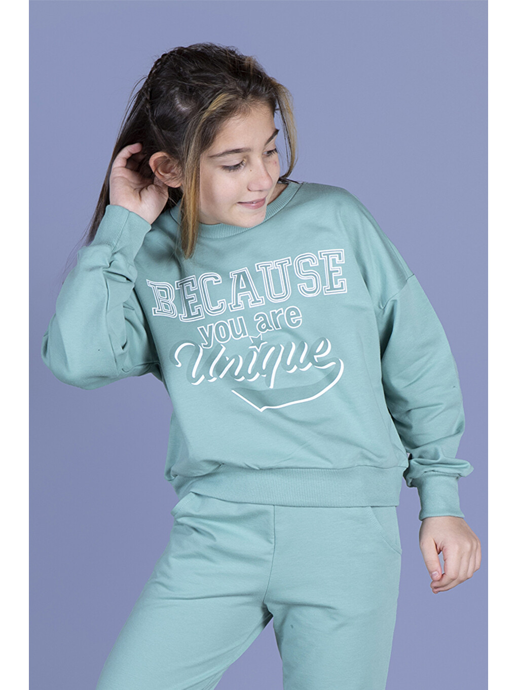 Yeşil Kız Çocuk Baskılı Düşük Kol Sweatshirt