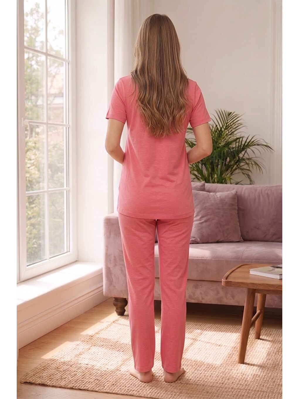 Pembe Rosette Çiçek Desenli Dantel Detaylı Sabahlıklı Hamile Ve Lohusa Pijama Takımı-6