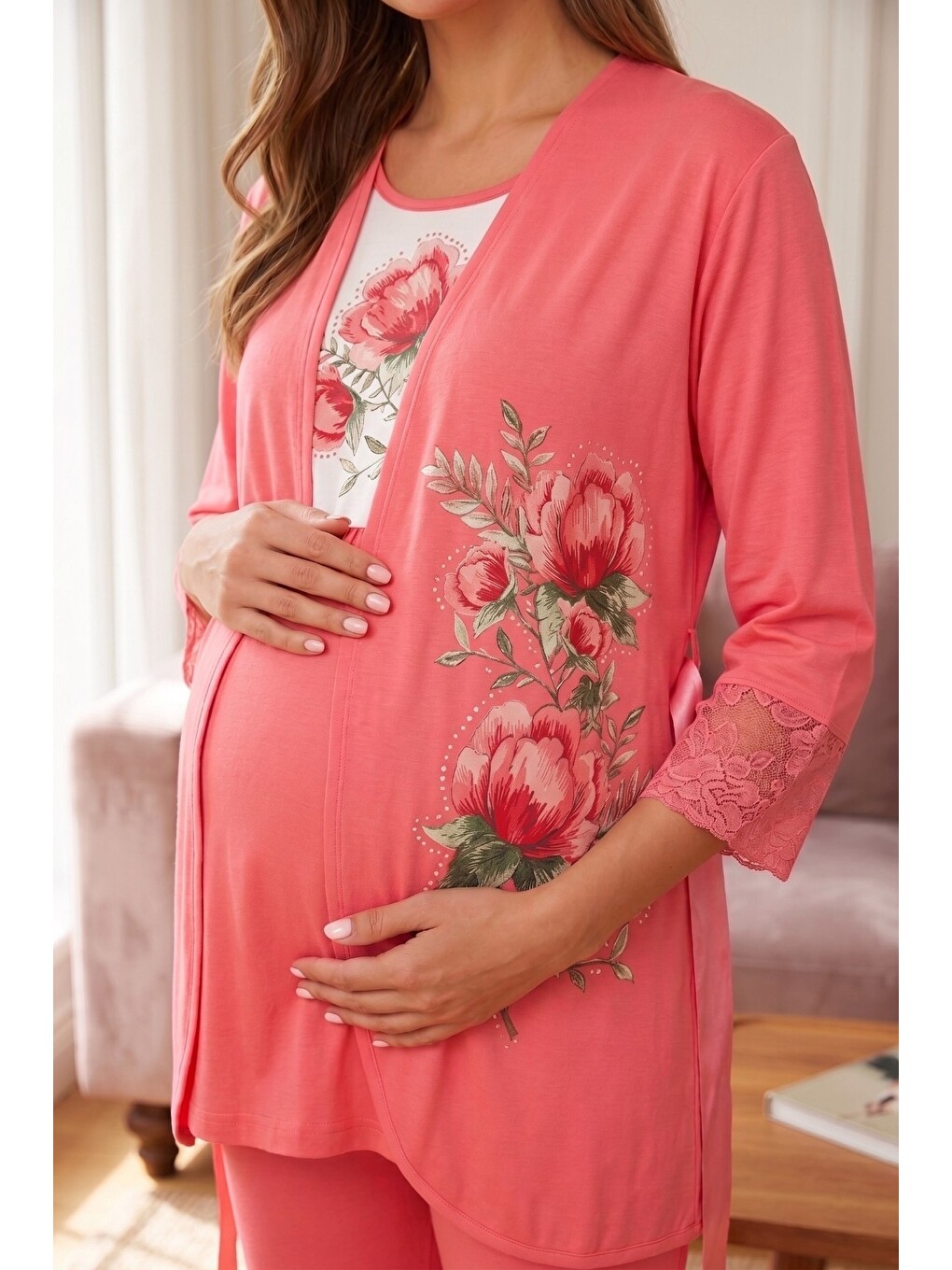 Pembe Rosette Çiçek Desenli Dantel Detaylı Sabahlıklı Hamile Ve Lohusa Pijama Takımı-7