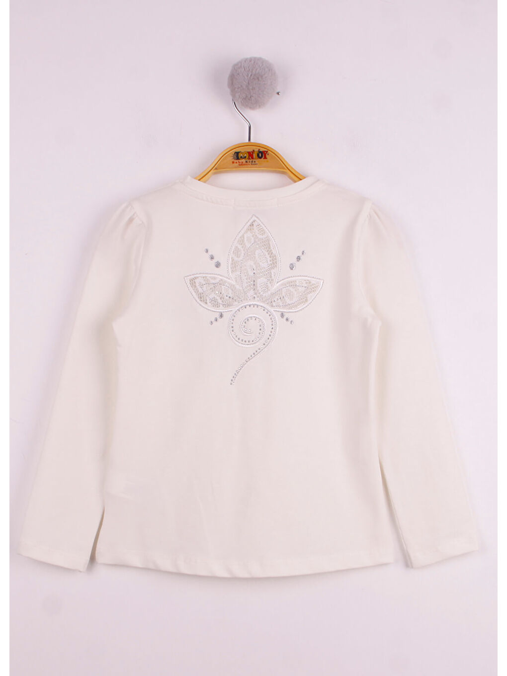 Ekru Kız Çocuk Göğsü Çiçek Nakışlı T-Shirt-1