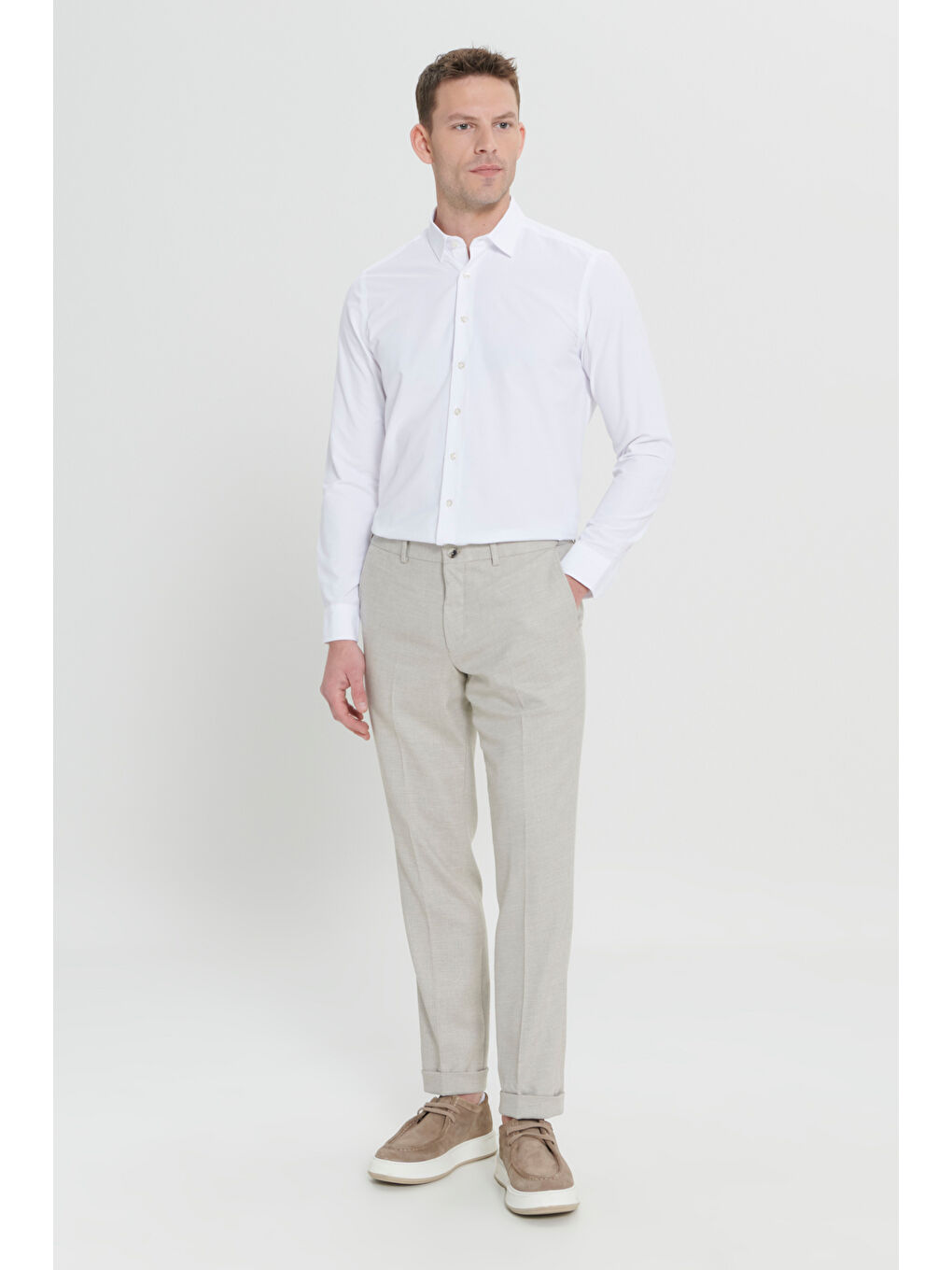 Erkek Bej Comfort Fit Rahat Kesim Yan Cepli Desenli Beli Lastikli Pantolon