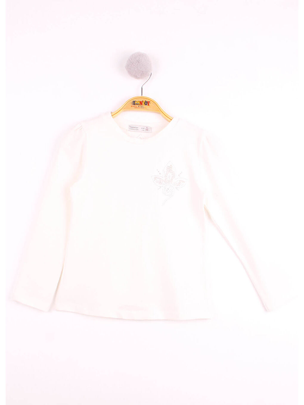 Ekru Kız Çocuk Göğsü Çiçek Nakışlı T-Shirt-2