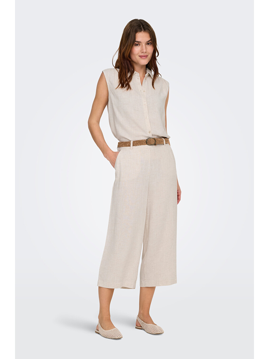 Bej Onlsiesta Keten Karışımlı Regular Fit Klasik Yaka Bluz 15367416-3