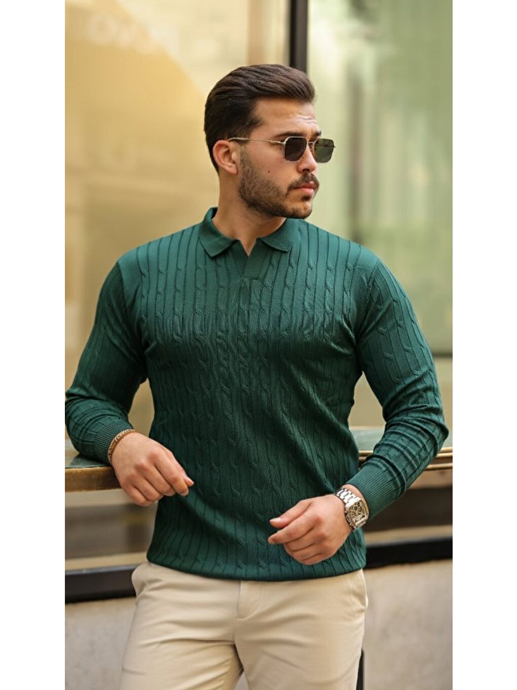 Yeşil Erkek Saç Örgü Desen Uzun Kollu Triko