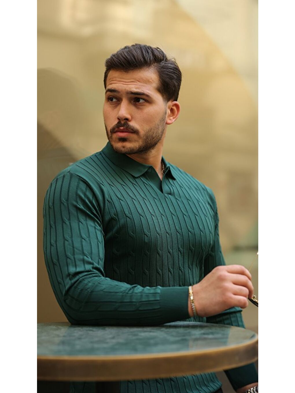 Yeşil Erkek Saç Örgü Desen Uzun Kollu Triko-1