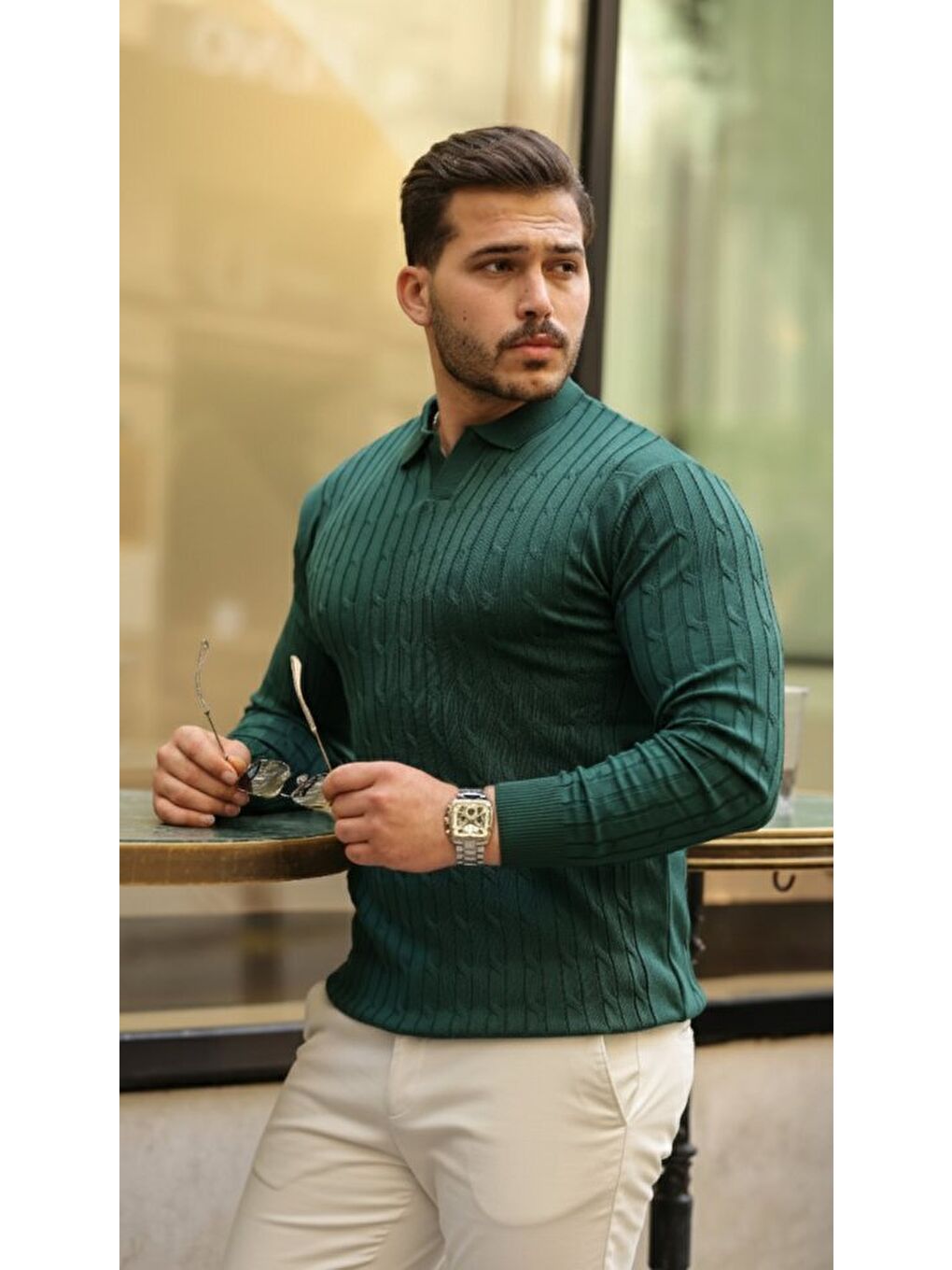 Yeşil Erkek Saç Örgü Desen Uzun Kollu Triko-2