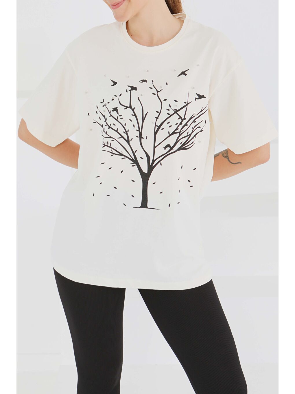 Baskılı Taşlı T-Şhirt Ekru - 27375-1