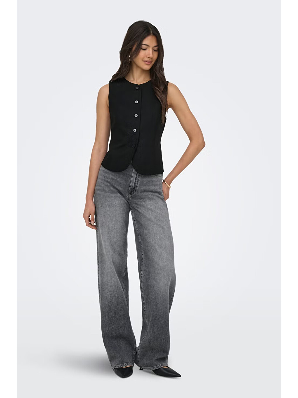 Siyah Onlgoa Regular Fit Bisiklet Yaka Düğmeli Yelek 15363724-1