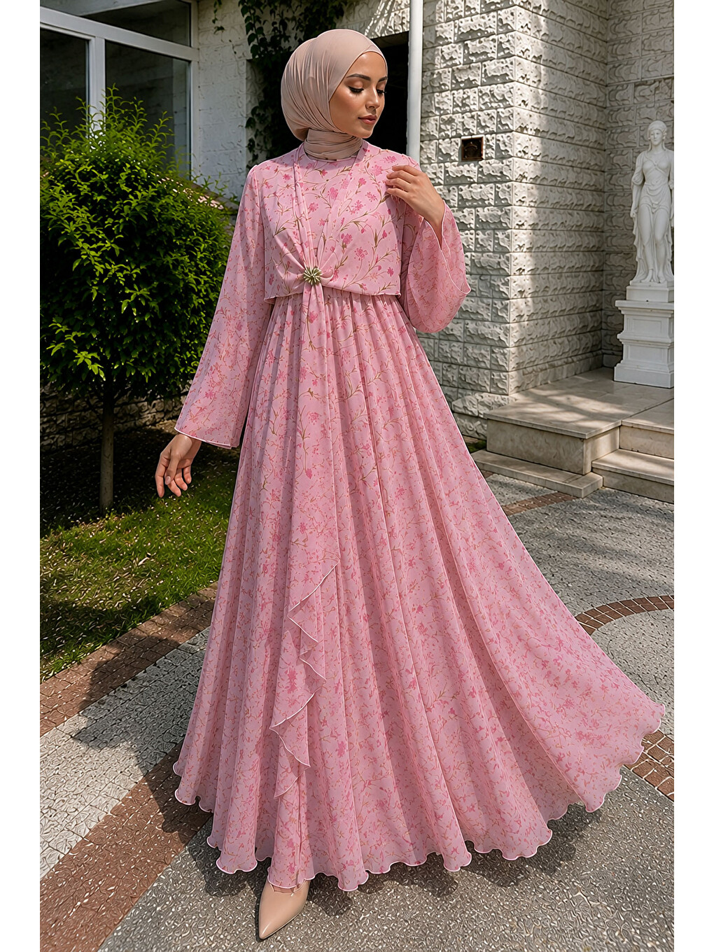 Çiçek Desenli Tokalı Şifon Elbise Tsd260256 Pembe-2
