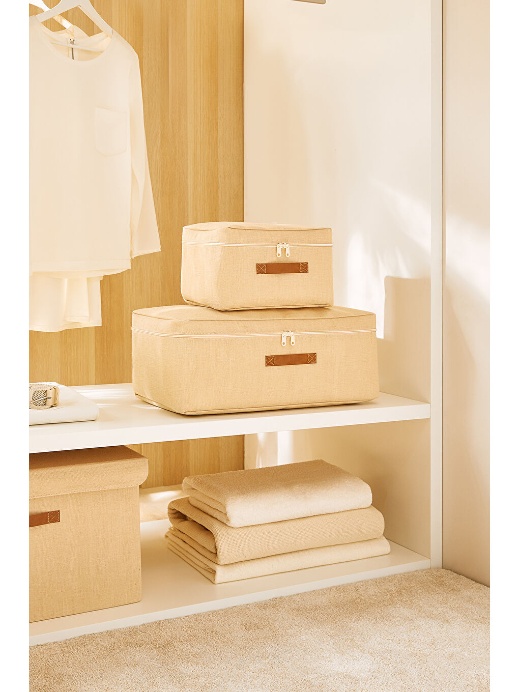 Bej 2'li Jüt Keten Hurç Set 30 x 22 x 18 / 52 x 28 x 21 cm