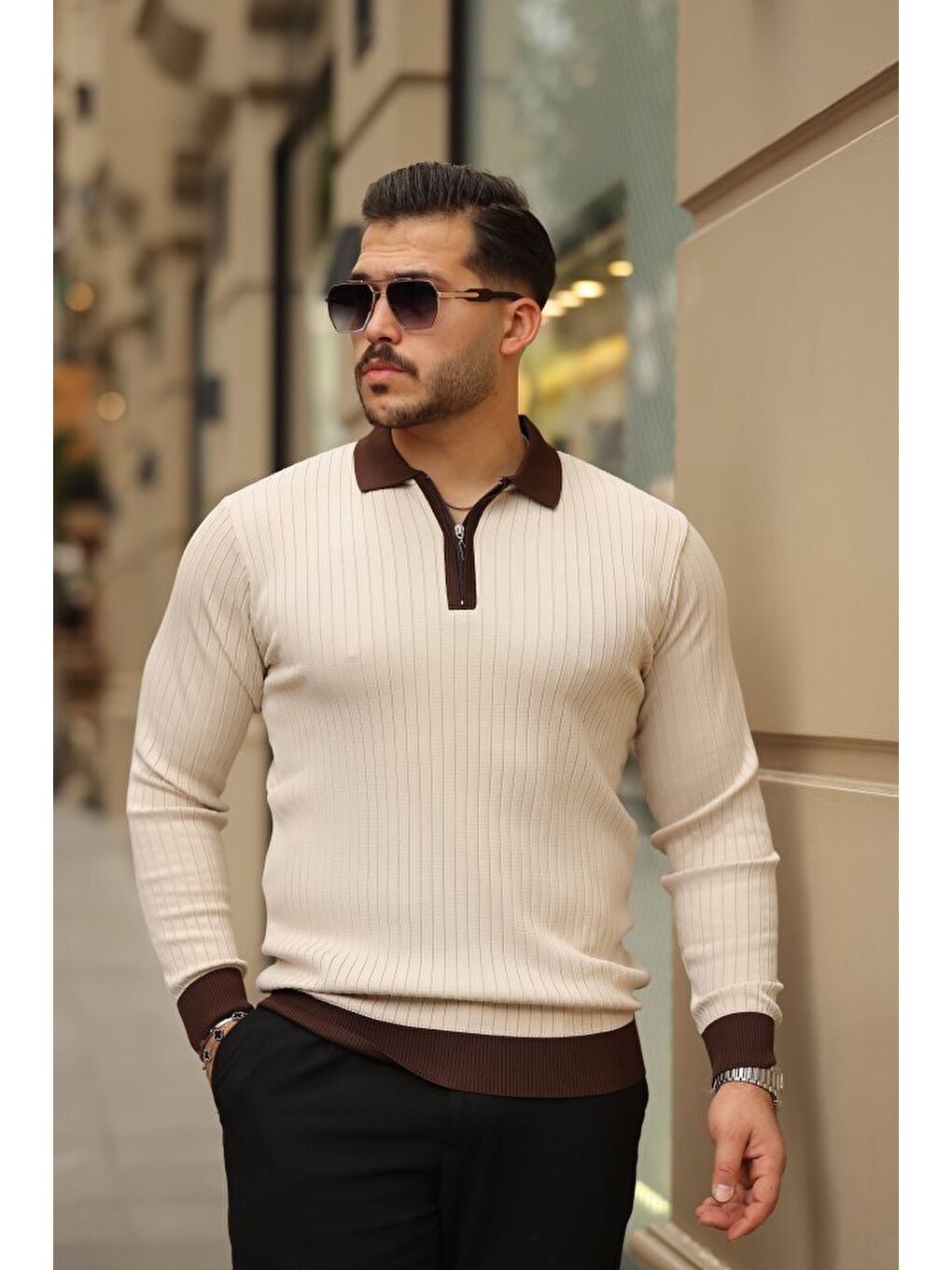 Bej Erkek Kol Ve Yaka Detaylı Uzun Kollu Triko