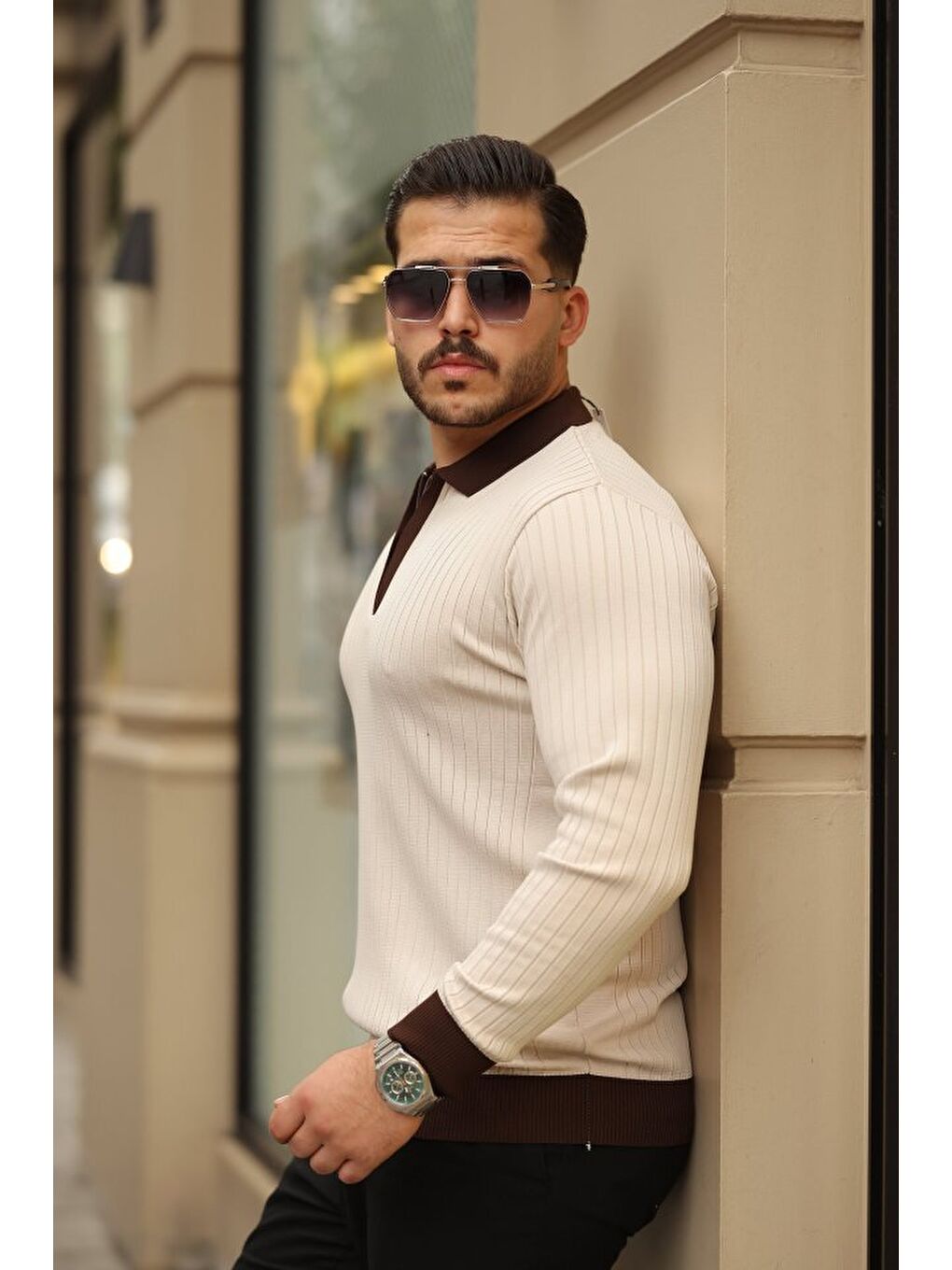 Bej Erkek Kol Ve Yaka Detaylı Uzun Kollu Triko-1