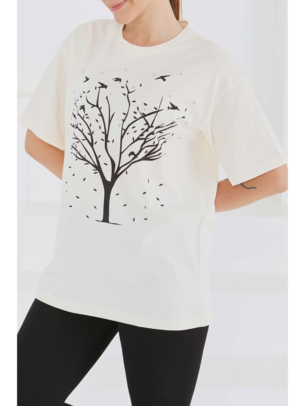 Baskılı Taşlı T-Şhirt Ekru - 27375-3