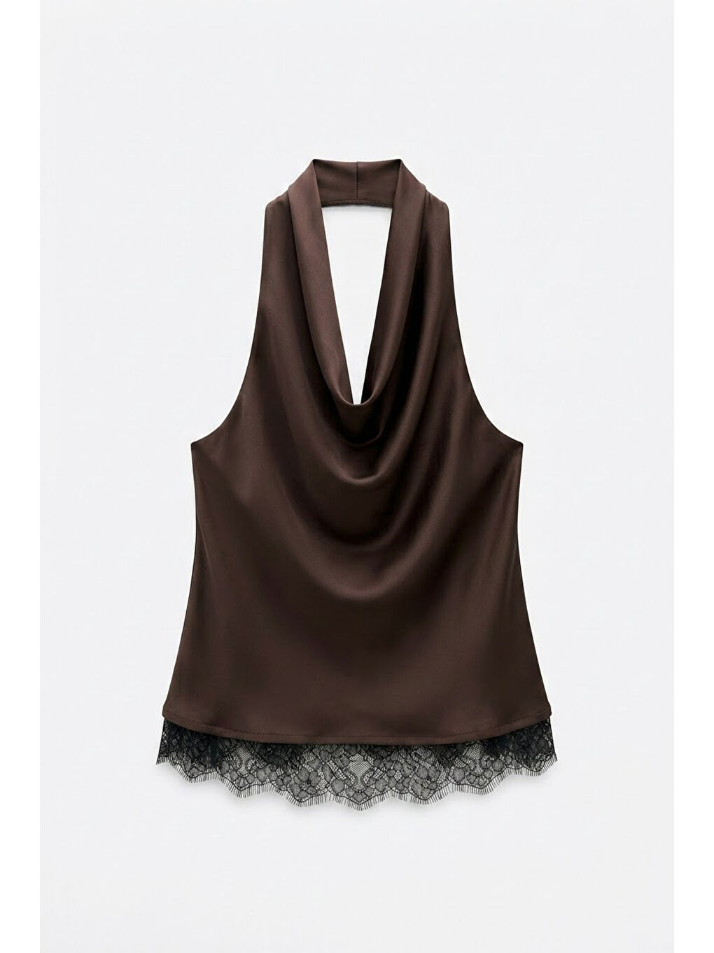 Degaje Yaka Dantel Detaylı Saten Bluz Kahverengi-1