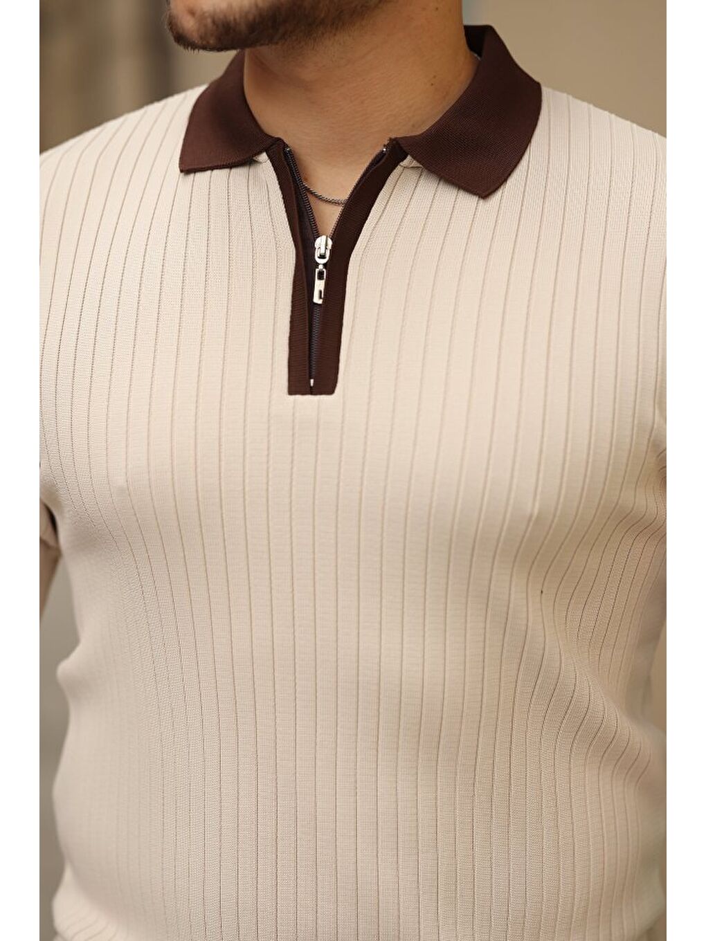 Bej Erkek Kol Ve Yaka Detaylı Uzun Kollu Triko-2