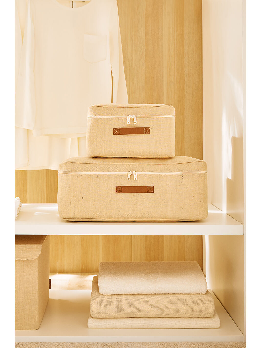 Bej 2'li Jüt Keten Hurç Set 30 x 22 x 18 / 52 x 28 x 21 cm-1