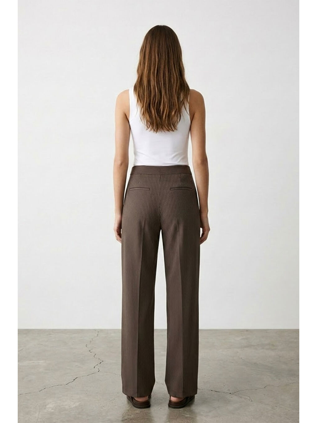 Kruvaze Kapamalı Çizgili Pantolon Kahverengi-3