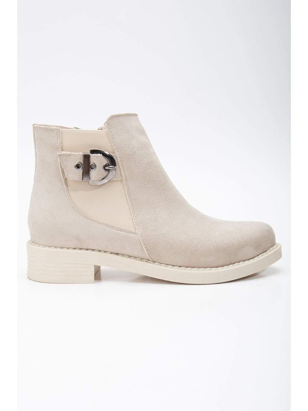 Bej Kadın Ten Süet Termo Taban Yanı Lastikli Tokalı Kısa Topuklu Bot-2