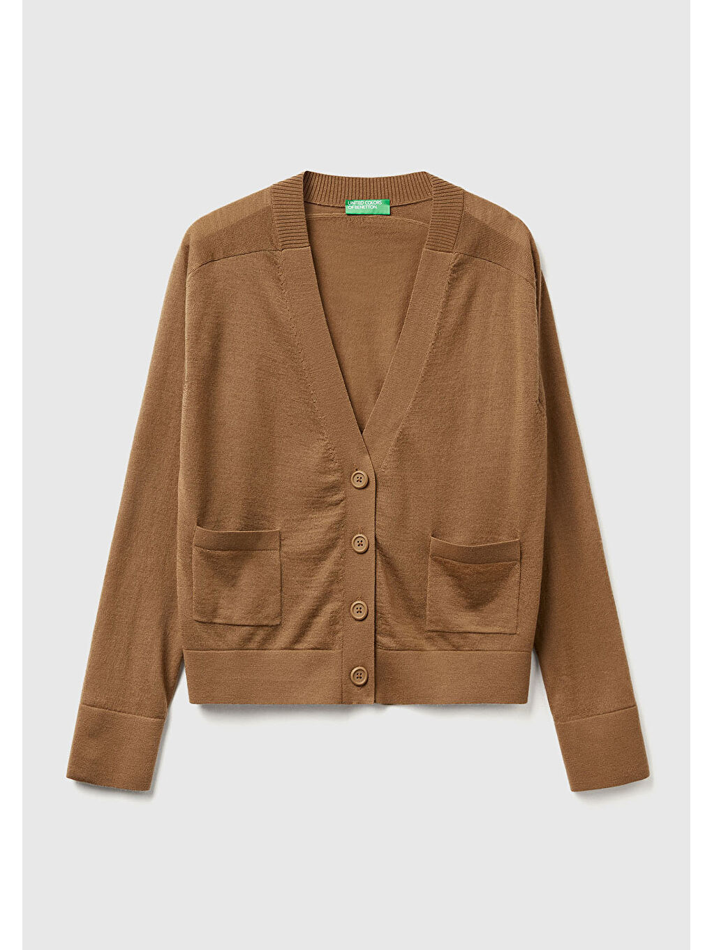 Kahverengi Kadın Taba  %100 Yün Önü Cep Detaylı Düğmeli V Yaka Hırka-1