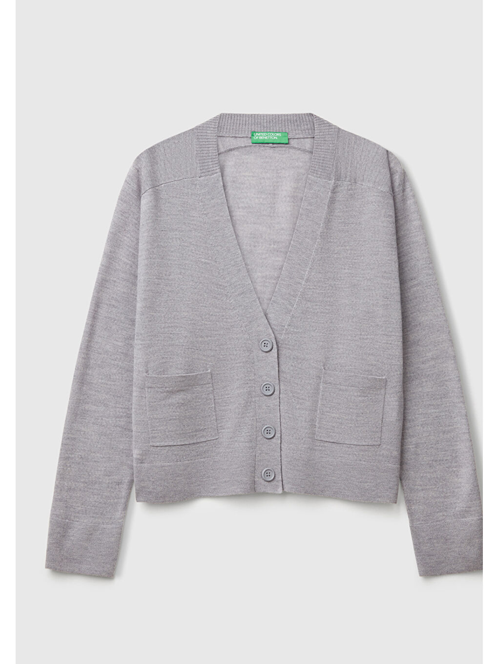 Kadın Gri Melanj %100 Yün Önü Cep Detaylı Düğmeli V Yaka Hırka-1