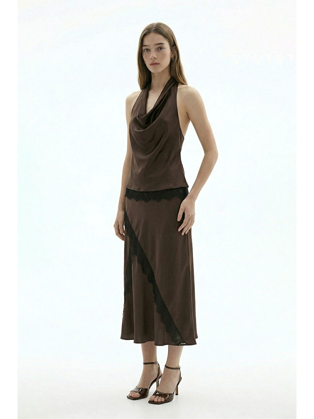 Dantel Şeritli Saten Midi Etek Kahverengi-2