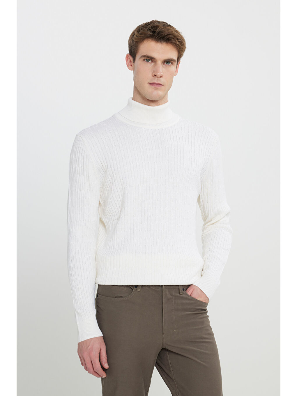 Erkek Ekru Yünlü Sıcak Tutan Normal Kesim Saç Örgü Desenli Triko Kazak