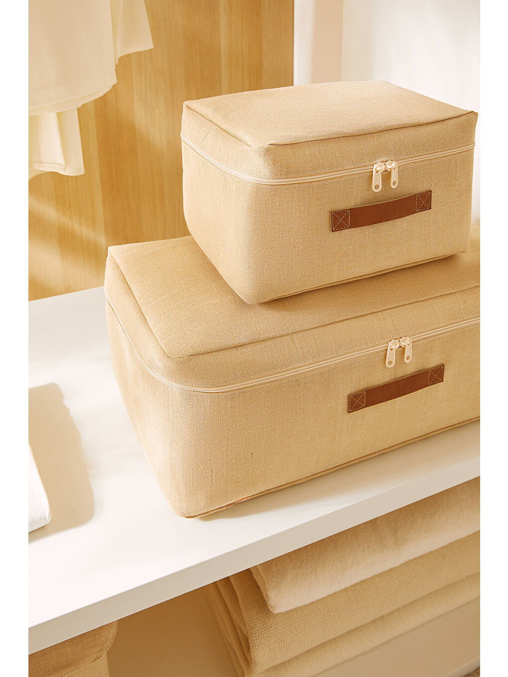 Bej 2'li Jüt Keten Hurç Set 30 x 22 x 18 / 52 x 28 x 21 cm-2