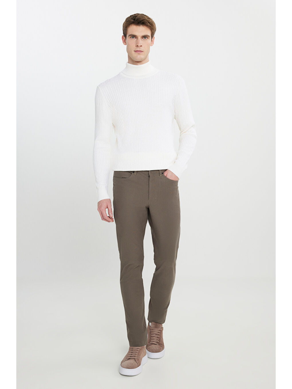 Erkek Ekru Yünlü Sıcak Tutan Normal Kesim Saç Örgü Desenli Triko Kazak-1