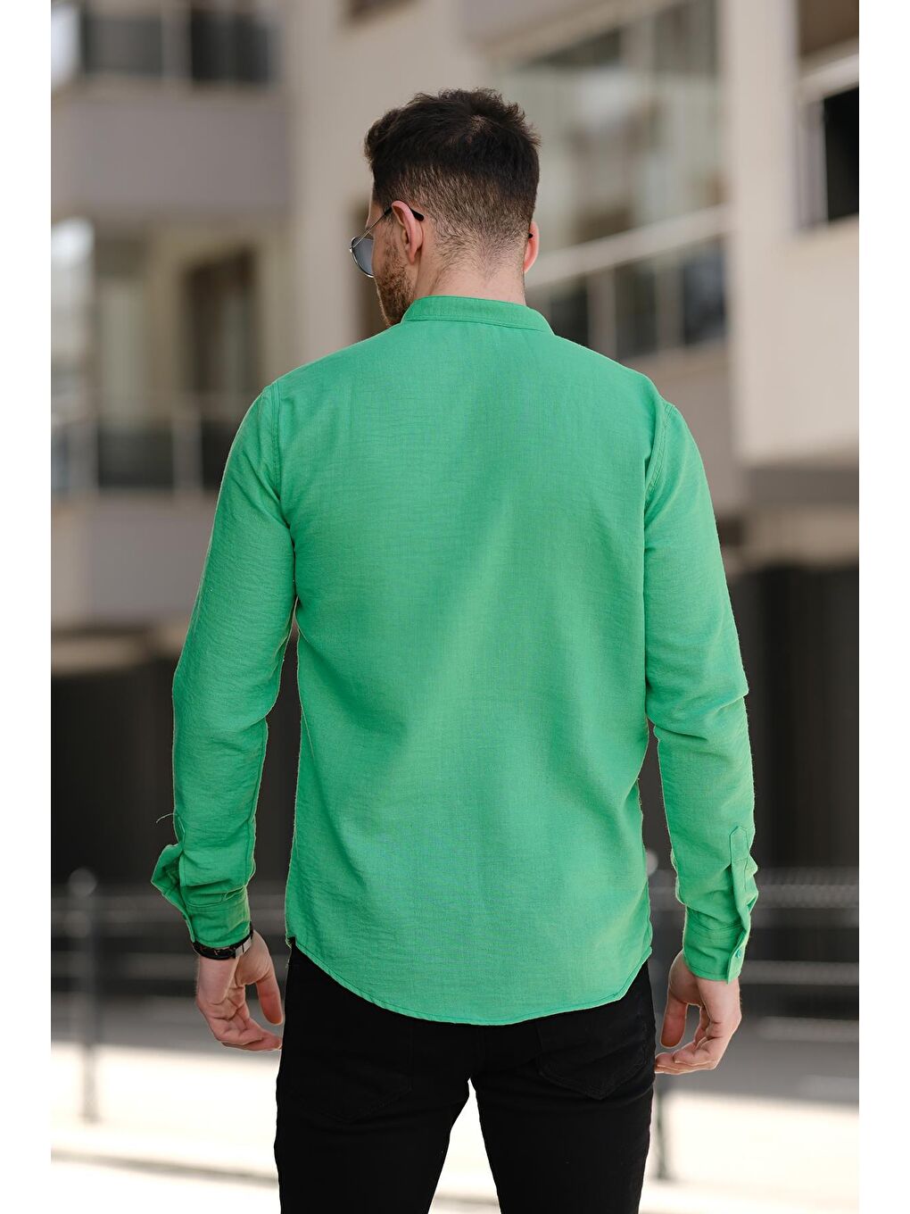 Yeşil Zareh Slim Fit Kırınkıl Desen Yarım Pat Hakim Yaka Erkek Gömlek-2