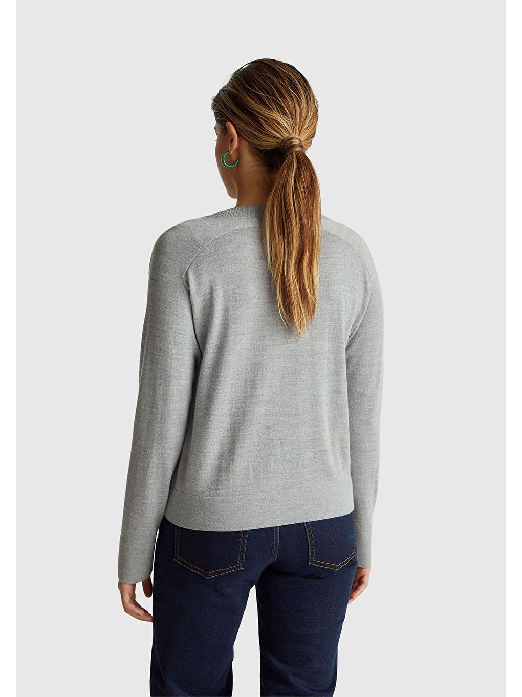 Kadın Gri Melanj %100 Yün Önü Cep Detaylı Düğmeli V Yaka Hırka-2