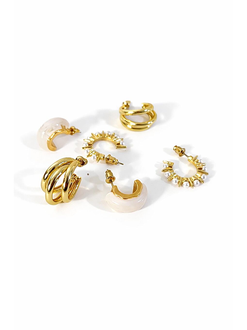 Sarı Sedef 6'lı İnci ve Akrilik Detaylı Halka Küpe Seti-2