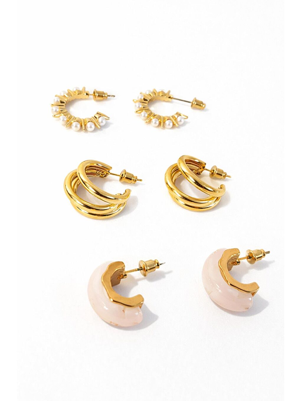 Sarı Sedef 6'lı İnci ve Akrilik Detaylı Halka Küpe Seti-3