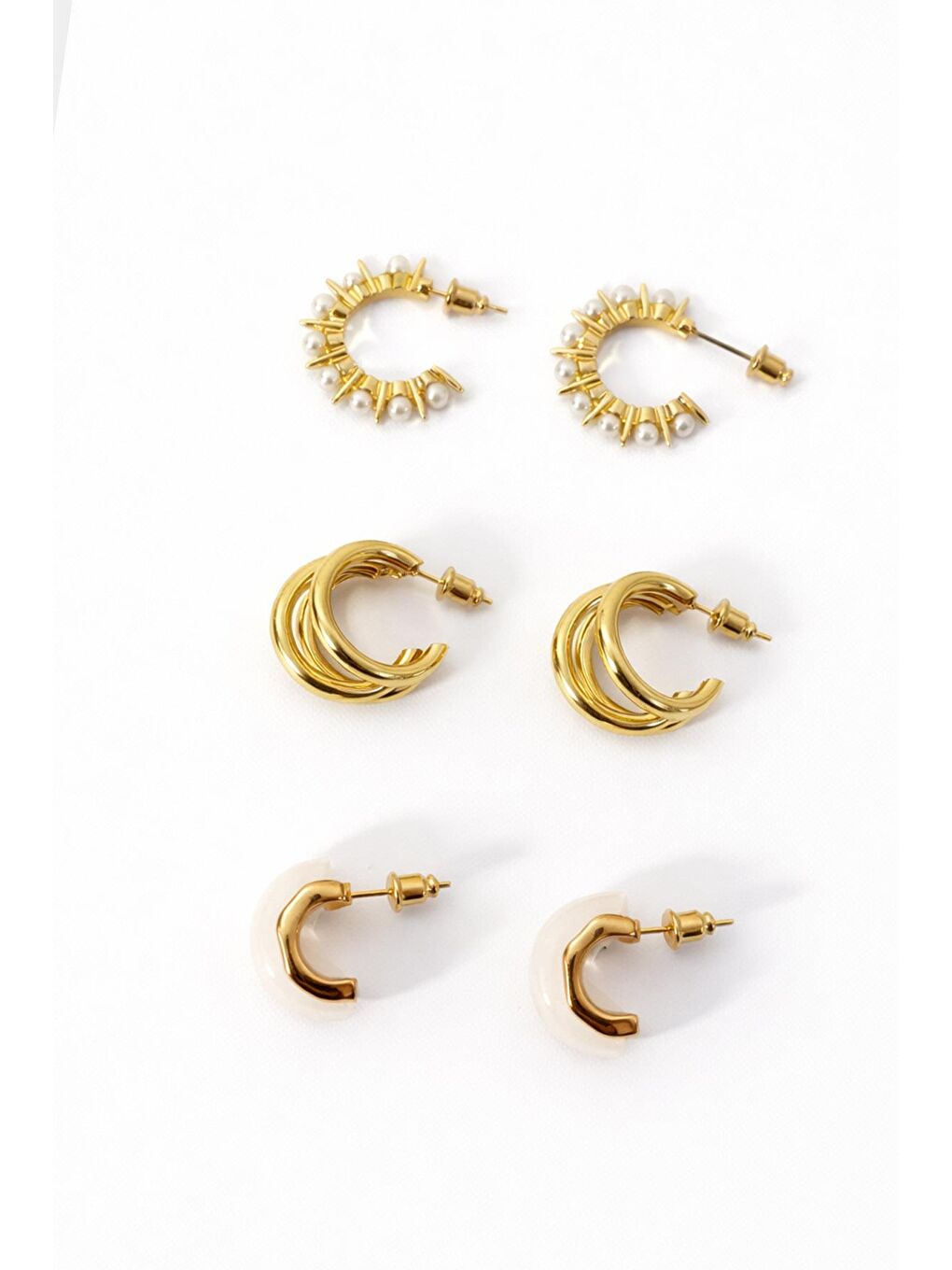 Sarı Sedef 6'lı İnci ve Akrilik Detaylı Halka Küpe Seti-4