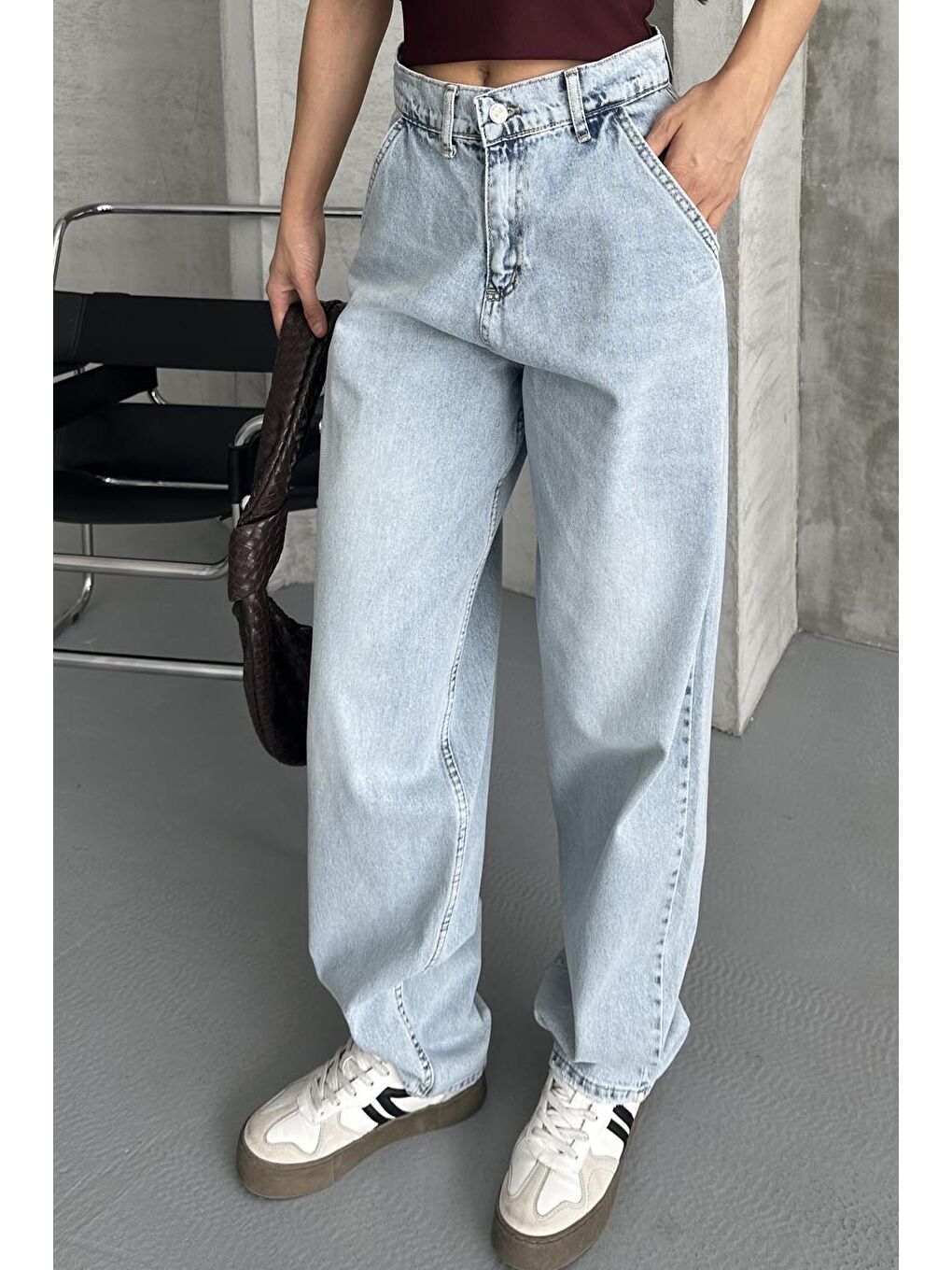 Yan Cepli Baggy Pantolon Buz Mavi - 27359-1