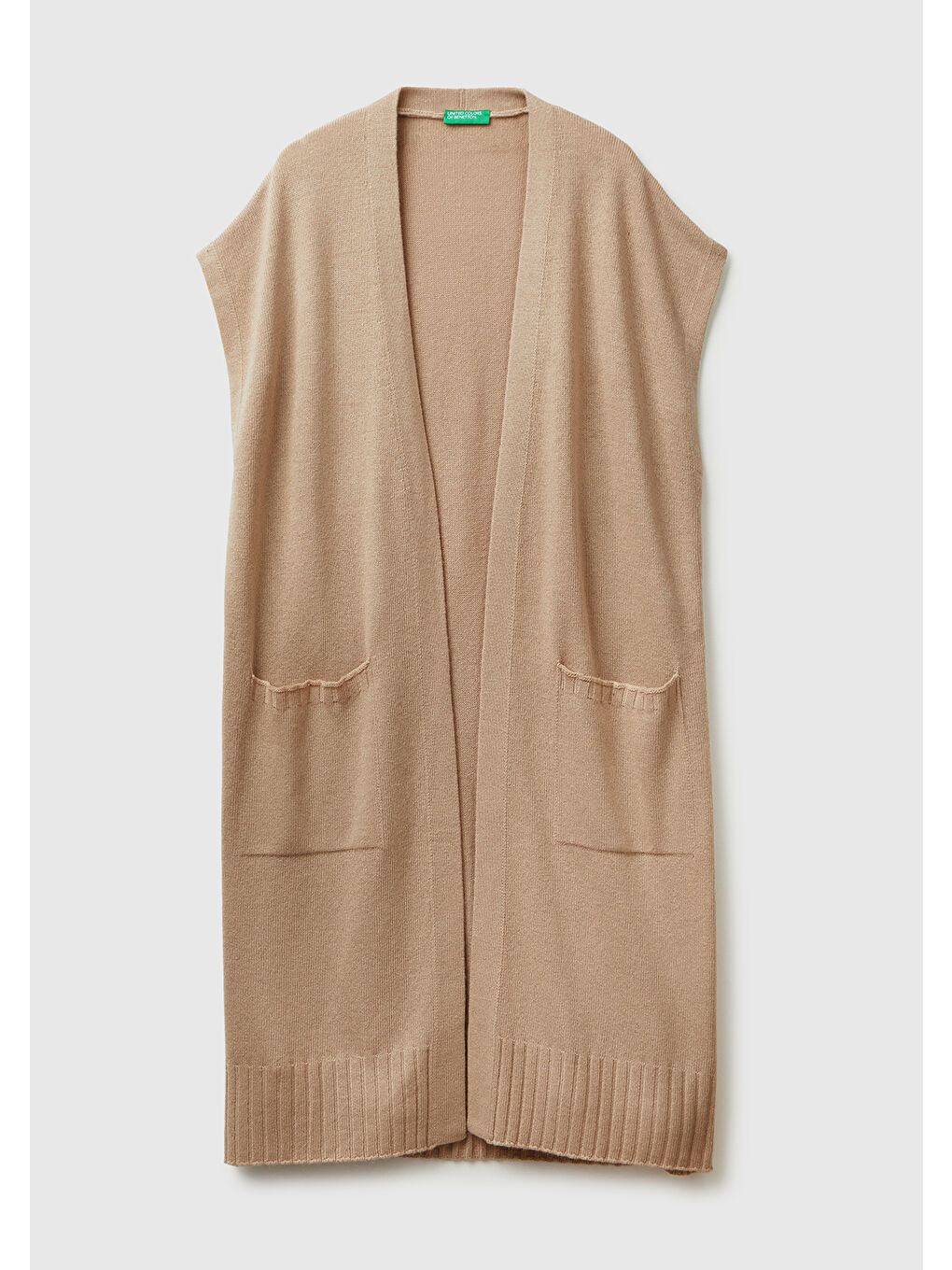 Kadın Bej Yün ve Kaşmir Karışımlı Ribana Detaylı Kısa Kollu Uzun Hırka-1