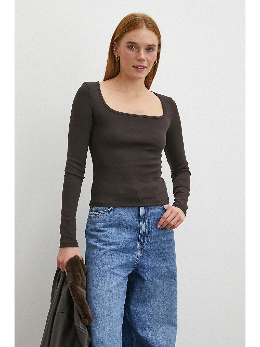 Karışık Uzun Kol Kare Yaka Bluz Kahve-2