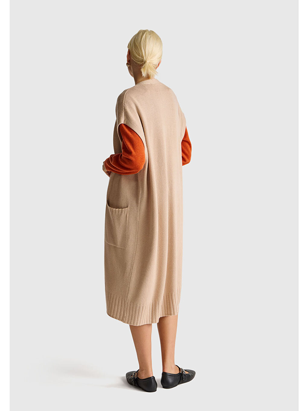 Kadın Bej Yün ve Kaşmir Karışımlı Ribana Detaylı Kısa Kollu Uzun Hırka-2