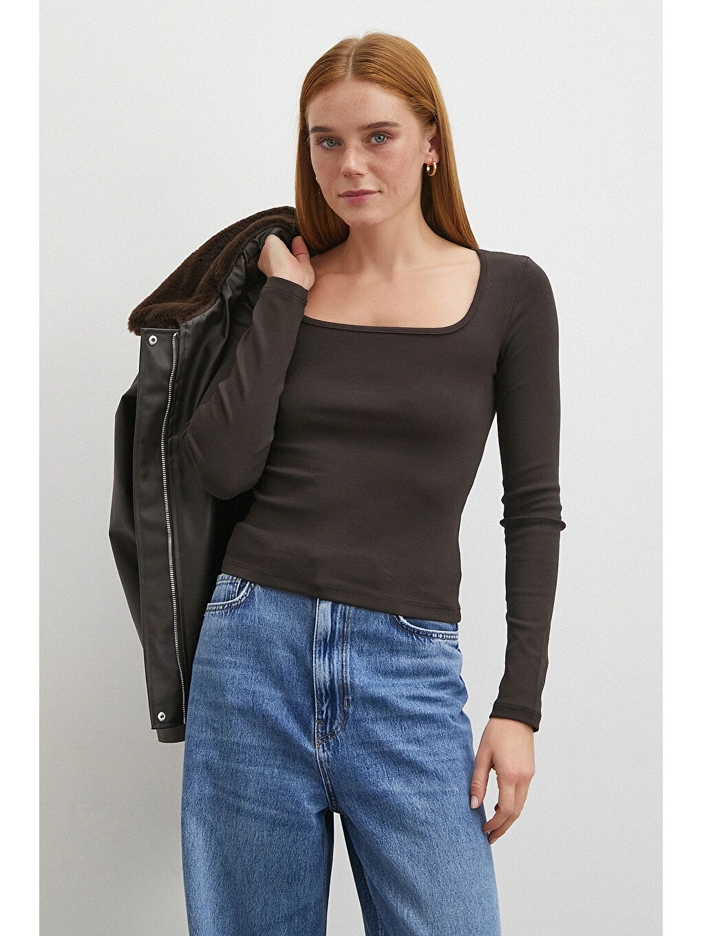 Karışık Uzun Kol Kare Yaka Bluz Kahve-3